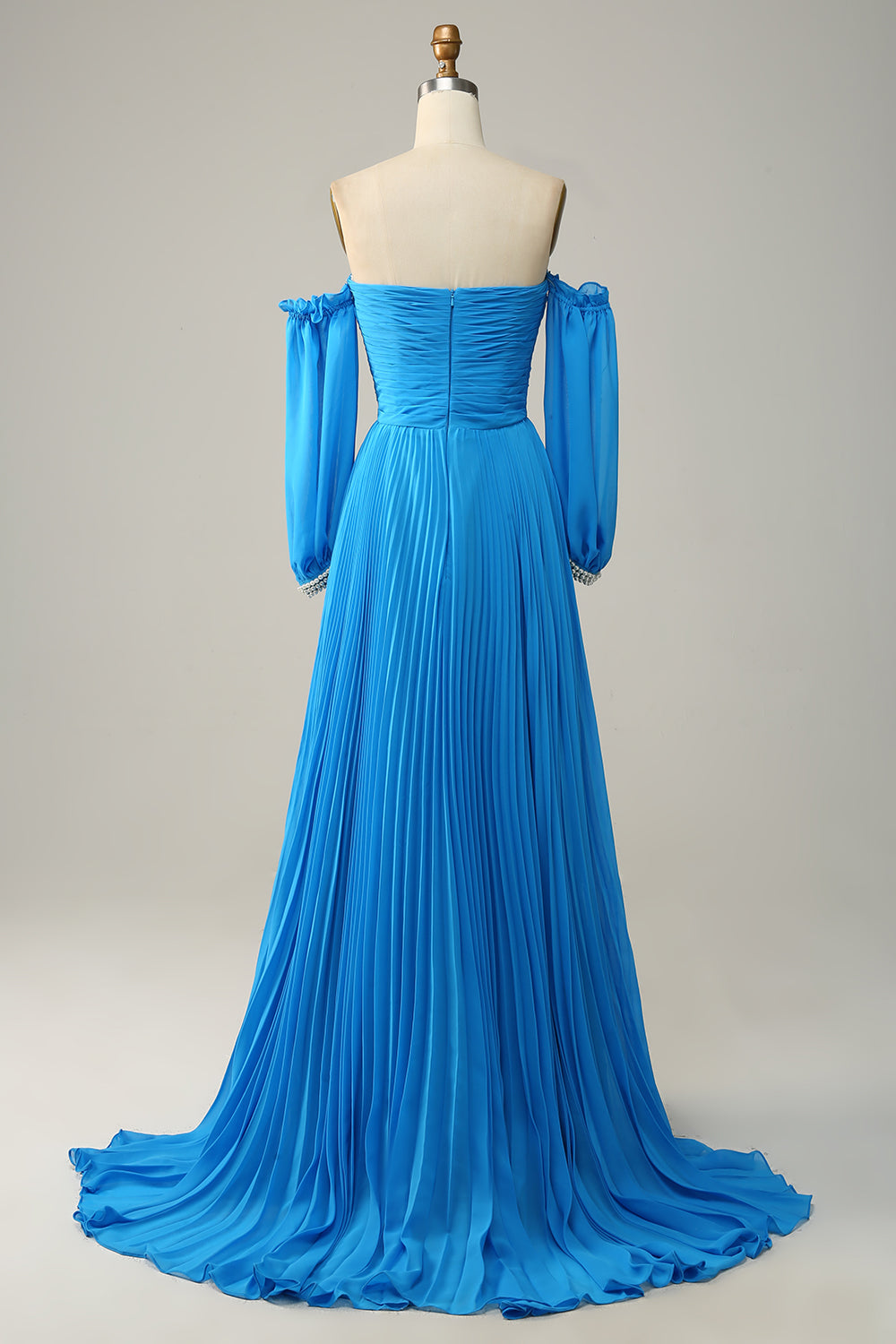 Blue Detachable Sleeves Cut-Out Long Prom Dress with Beading Sexy With Slit