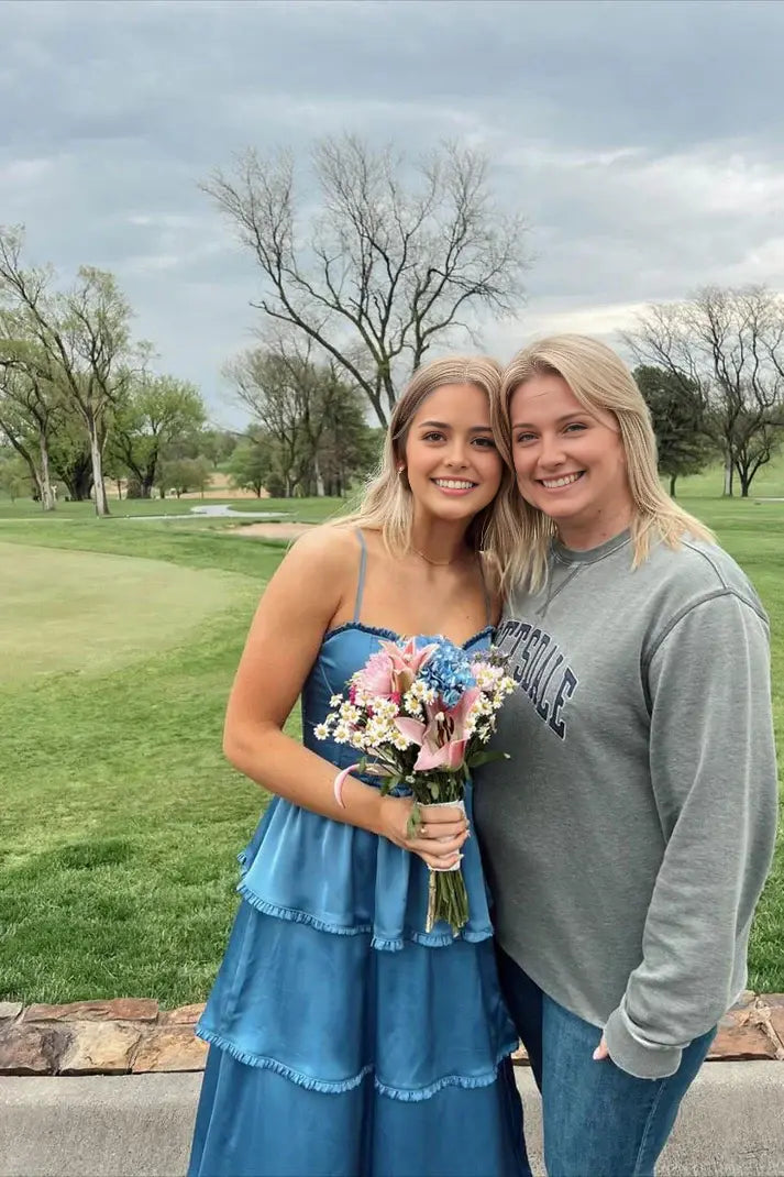 Blue A Line Sleeveless Long Prom Dress Ruffle Wedding Guest Dress Elegant Evening Party Dress