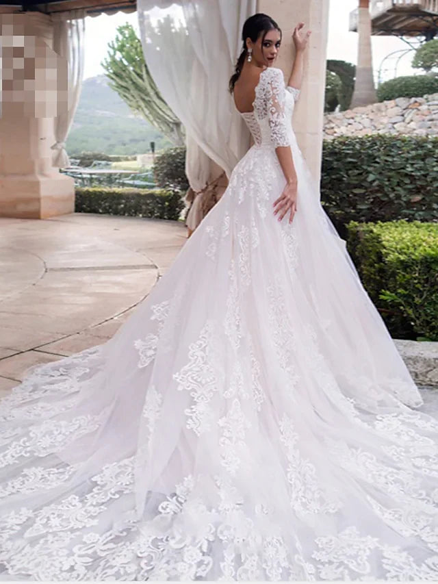 A-Line Wedding Dresses&nbsp; Court Train Lace Length Sleeve Country Illusion Sleeve with Appliques