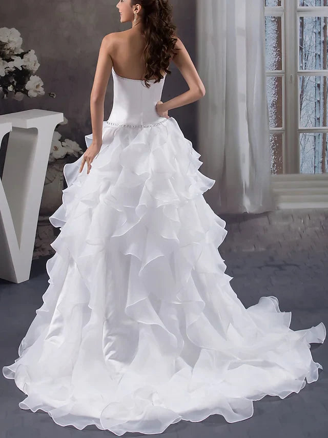 A-Line Wedding Dresses Strapless Court Train Organza Satin Strapless with Beading Cascading Ruffles