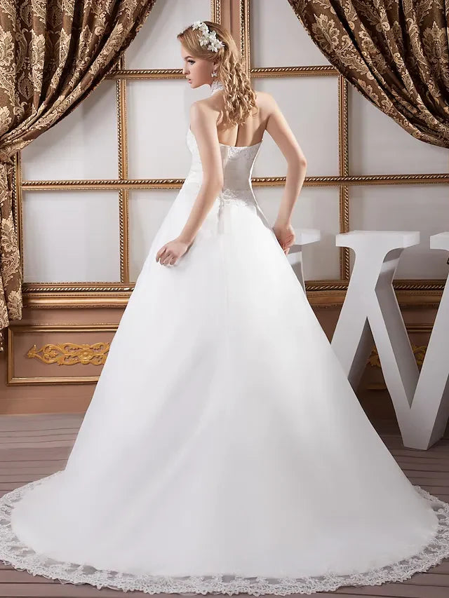 A-Line Wedding Dresses High Neck Court Train Lace Satin Tulle Regular Straps with Ruched Beading Appliques