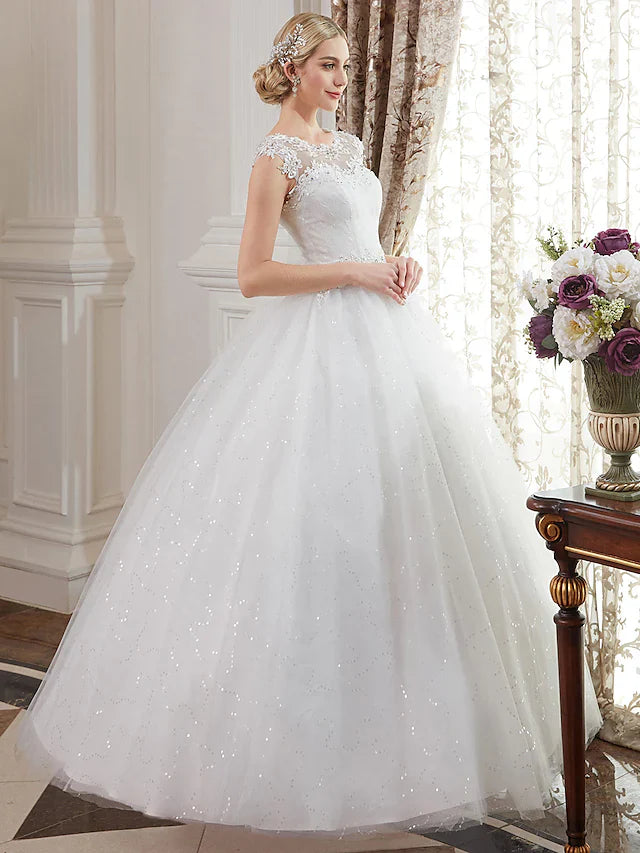 Ball Gown Wedding Dresses Jewel Neck Floor Length Lace Over Tulle Cap Sleeve Romantic Illusion Detail with Beading Appliques