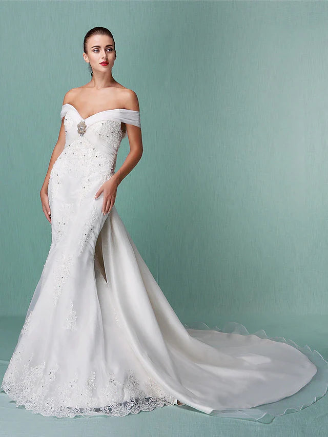 Wedding Dresses Off Shoulder Chapel Train Organza Short Sleeve with Beading Appliques Crystal Floral Pin