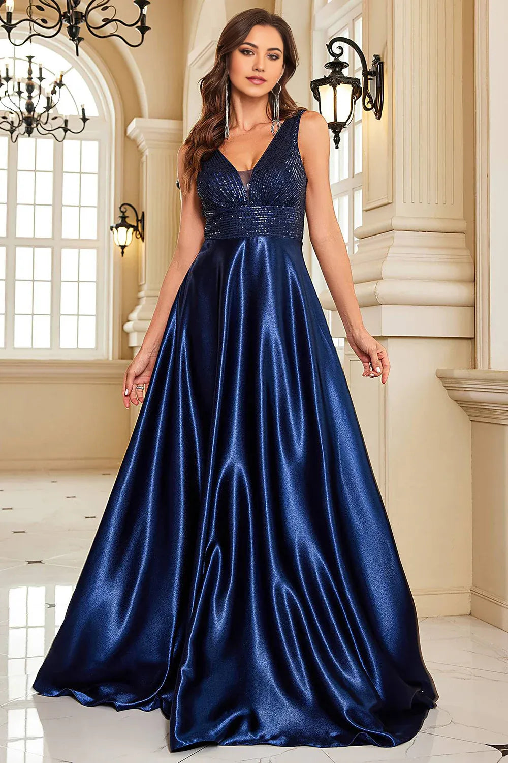 A-Line Wedding Guest Evening Party Court Train Sleeveless Long Prom Dress Formal Dress with Sequins