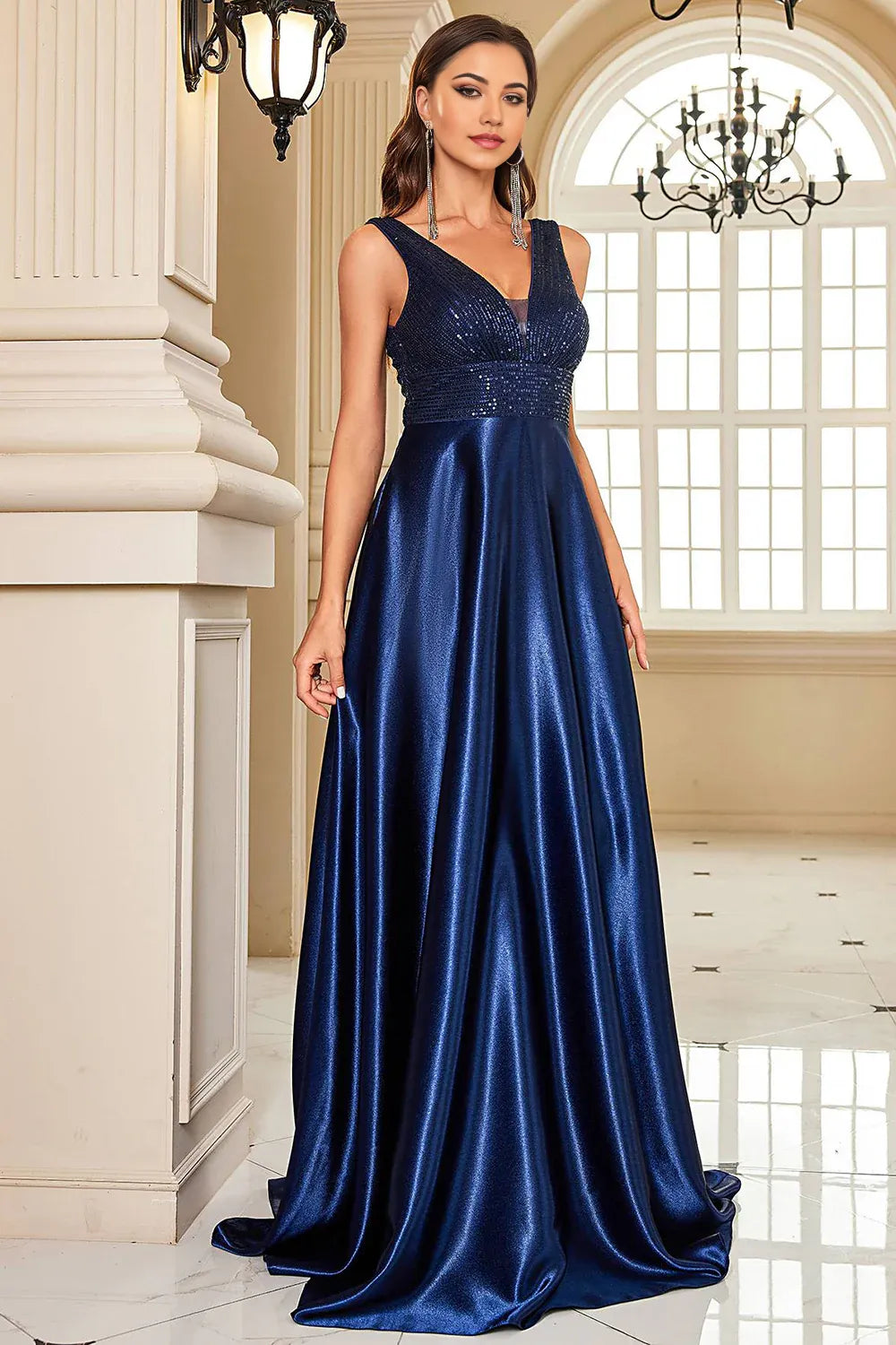 A-Line Wedding Guest Evening Party Court Train Sleeveless Long Prom Dress Formal Dress with Sequins