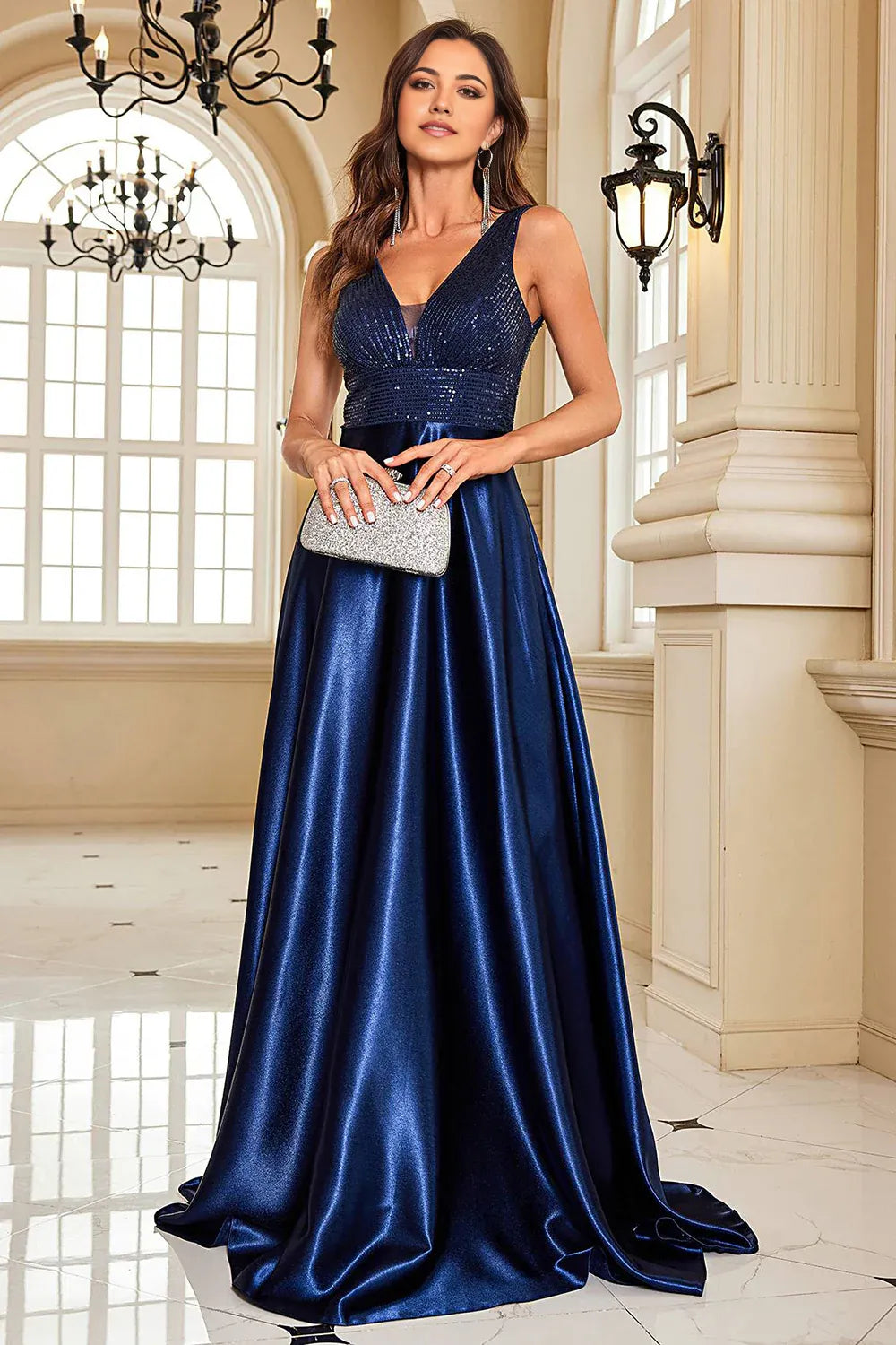 A-Line Wedding Guest Evening Party Court Train Sleeveless Long Prom Dress Formal Dress with Sequins
