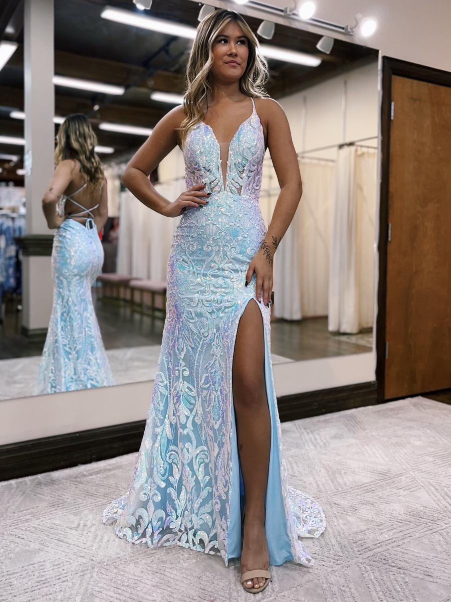 Prom dress features iridescent sequins in a beautiful pattern throughout the gown