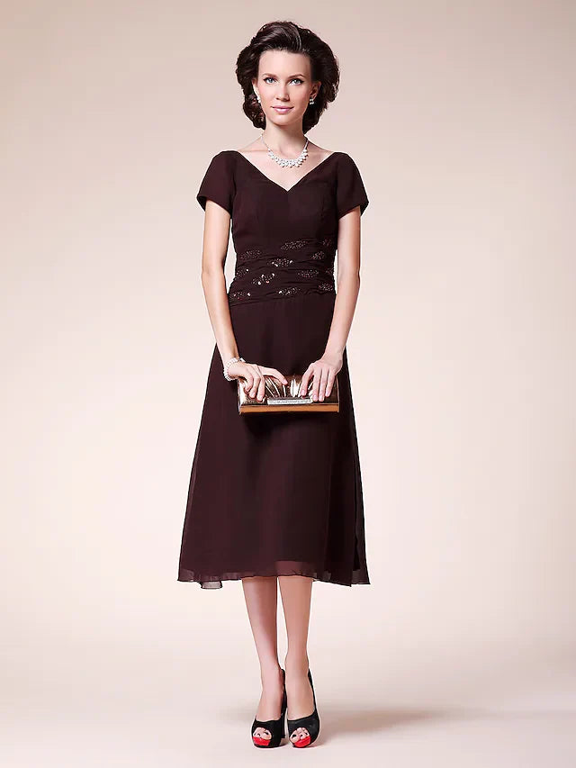 Ball Gown Cocktail Party Wedding Party Dress V Neck Short Sleeve Tea Length Chiffon with Ruched Beading