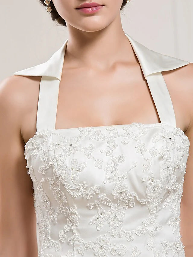 Wedding Dresses Halter Neck Court Train Satin Sleeveless with Appliques