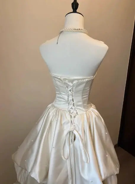 Charming A-Line Strapless Satin Tulle Long Formal Prom Dress Elegant Evening Gowns Chic Wedding Dress