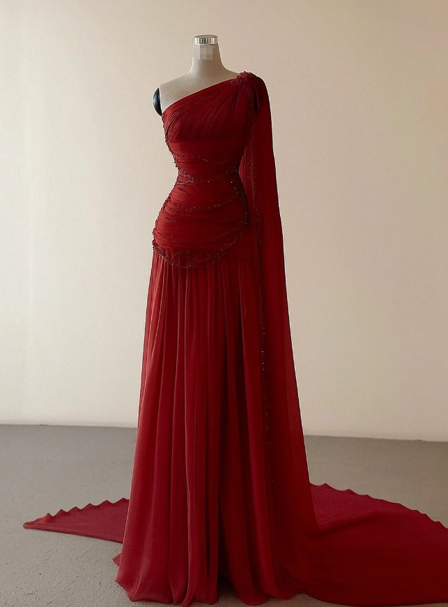 Charming A Line One Shoulder Beaded Long Formal Prom Dress Elegant Evening Party Gowns