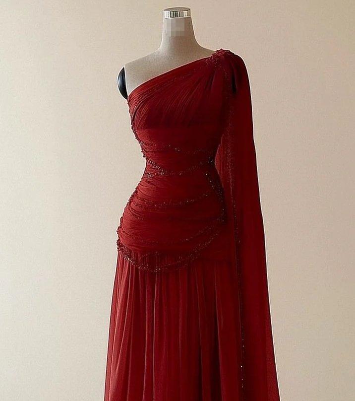 Charming A Line One Shoulder Beaded Long Formal Prom Dress Elegant Evening Party Gowns