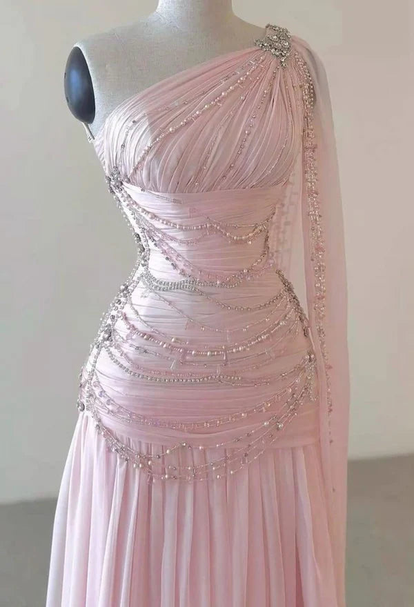 Charming A Line One Shoulder Beaded Long Formal Prom Dress Elegant Evening Party Gowns