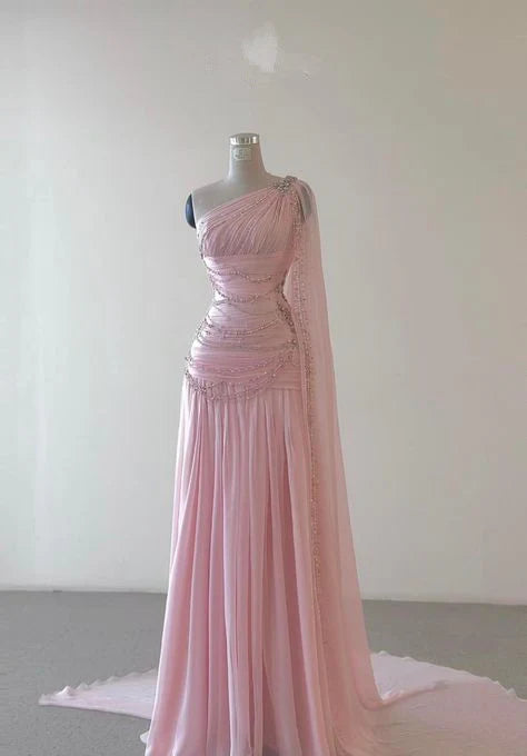 Charming A Line One Shoulder Beaded Long Formal Prom Dress Elegant Evening Party Gowns