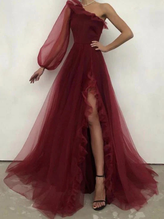 Charming A Line Sloping Shoulder Long Sleeve Evening Dress One Shoulder Prom Dress With Slit Women's Dresses