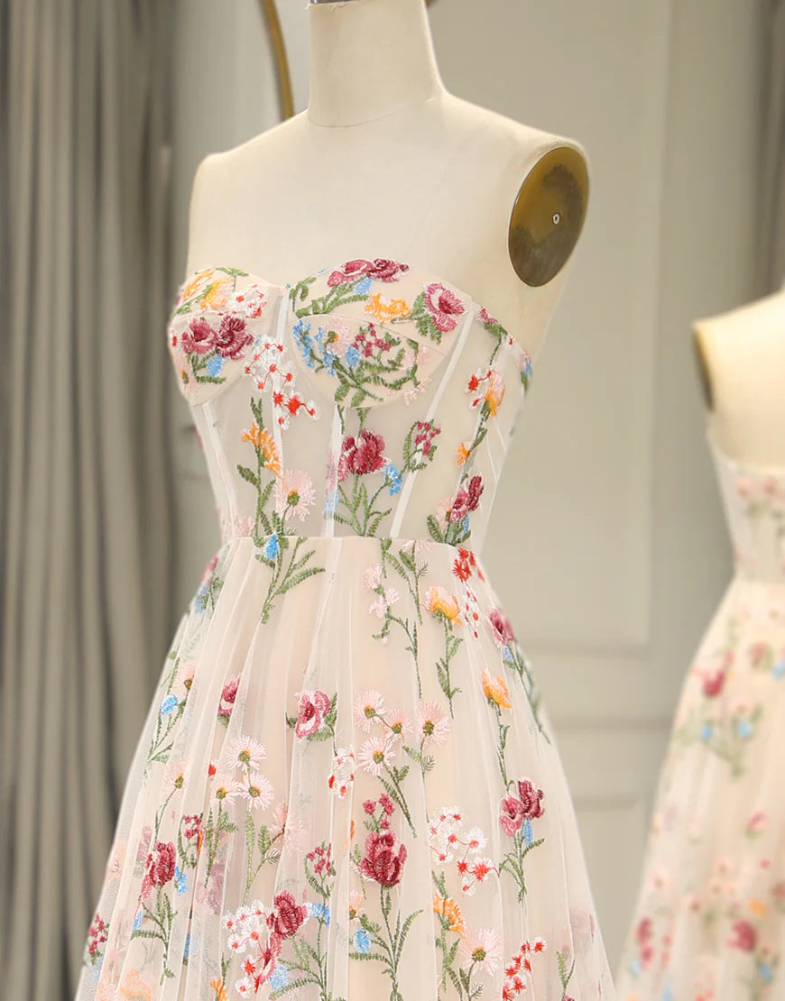 Charming A Line Strapless Sweetheart Flower Long Prom Dress Elegant Evening Party Dress