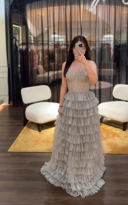 Charming A Line Sweetheart Layered Long Formal Prom Dress Glitter Sleeveless Evening Party Gowns Sexy Birthday Outfits With Slit