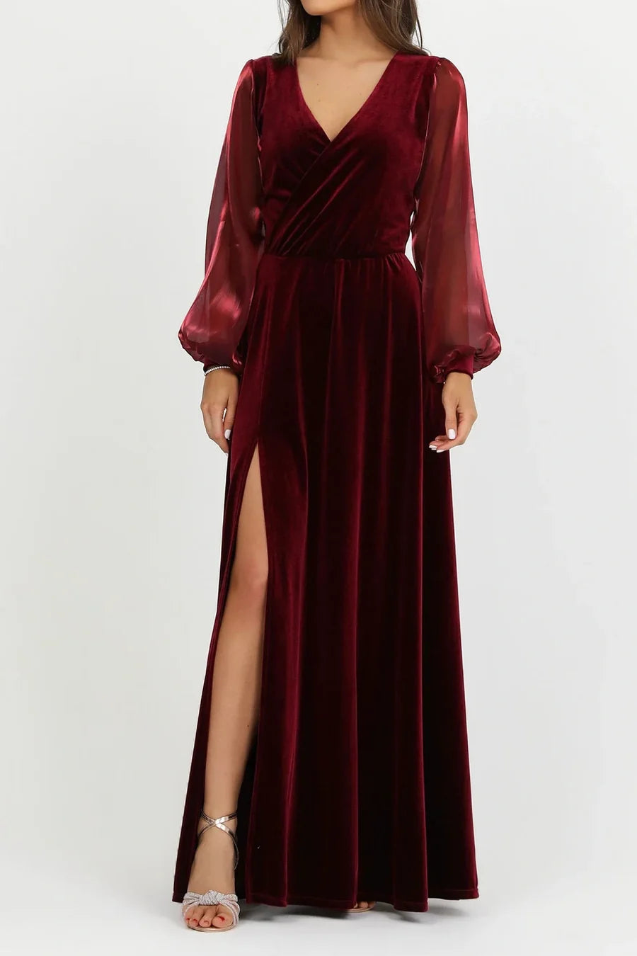 Charming A Line V-Neck Long Sleeves Formal Long Prom Dress Elegant Evening Party Dress With Slit Wedding Guest Dress