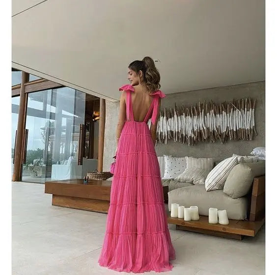 Charming A Line V-neck Sleeveless Long Formal Prom Dress Elegant Wedding Guest Dress Sexy Party Evening Gowns