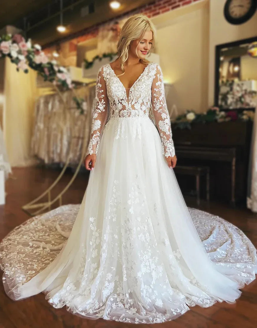 Charming A Line V Neck Long Sleeve Tulle Lace Wedding Dress With Appliques Elegant Bridal Gown