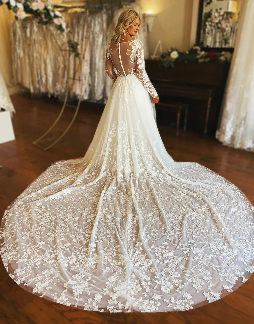 Charming A Line V Neck Long Sleeve Tulle Lace Wedding Dress With Appliques Elegant Bridal Gown