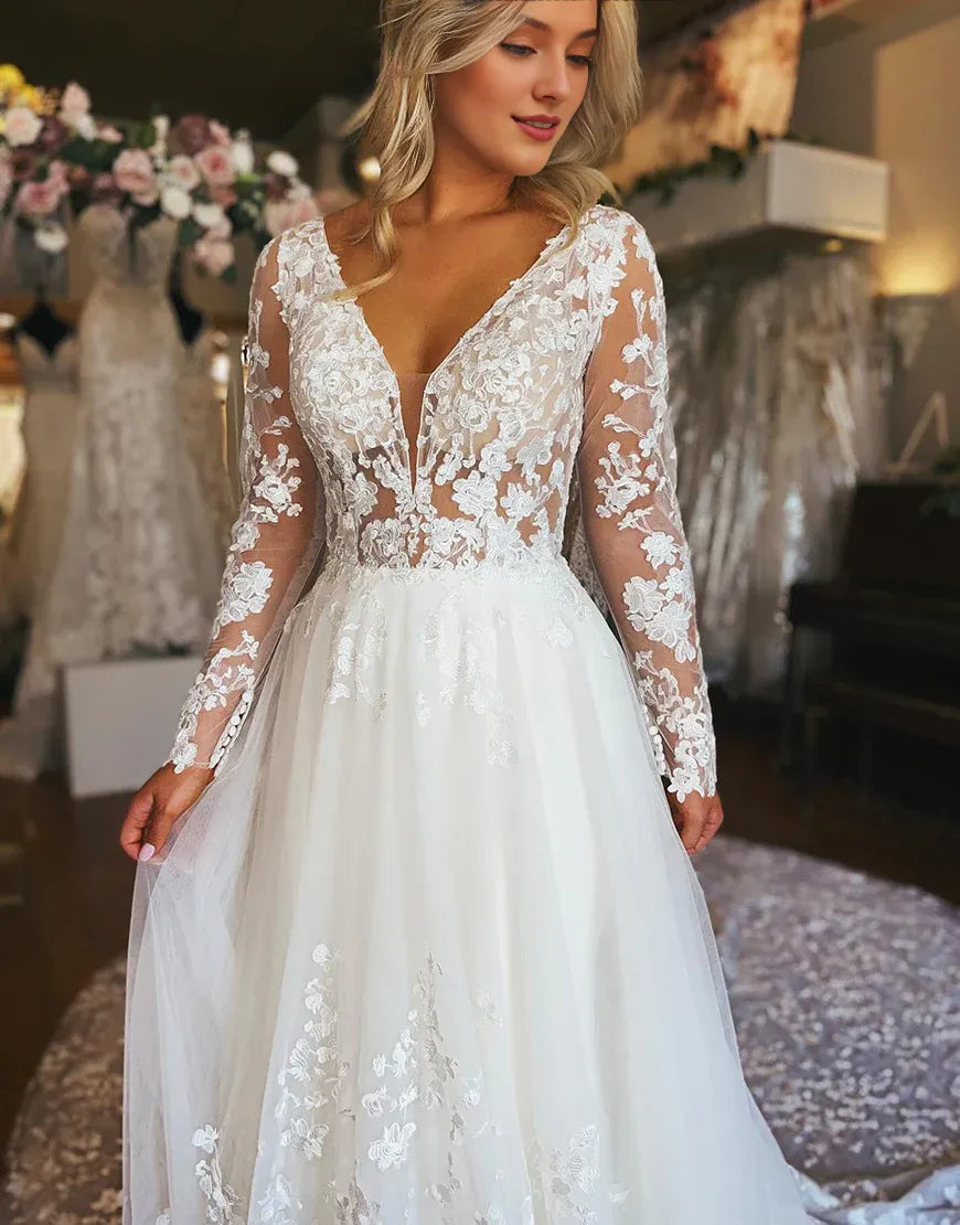 Charming A Line V Neck Long Sleeve Tulle Lace Wedding Dress With Appliques Elegant Bridal Gown