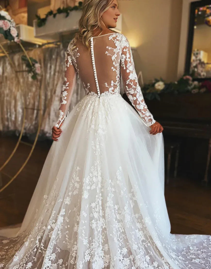 Charming A Line V Neck Long Sleeve Tulle Lace Wedding Dress With Appliques Elegant Bridal Gown