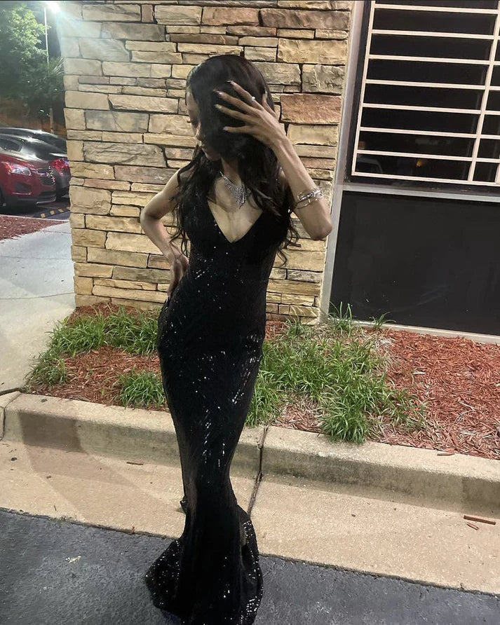 Charming Black Mermaid V-neck Sequin Long Formal Prom Dress Sexy Evening Party Gowns