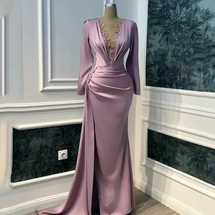Charming Mermaid Long Sleeves Formal Long Prom Dress Elegant Evening Party Gowns Vintage Wedding Guest Dress