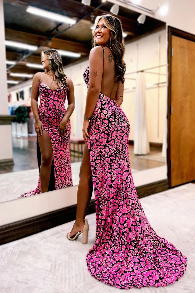 Charming Mermaid Spaghetti Straps V Neck Long Prom Dresses with Slit Sexy Party Evening Gowns