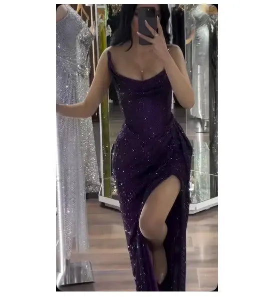 Charming Mermaid Strapless Sleeveless Sequins Long Formal Prom Dress Sparkly Evening Party Gowns Sexy Black Girls Graduation Dress with Split