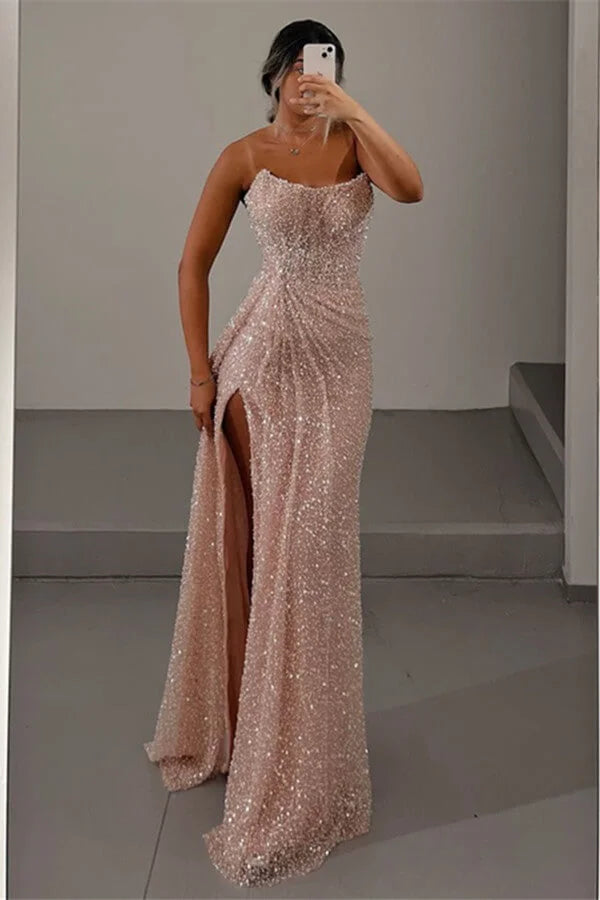 Charming Mermaid Strapless Sleeveless Sequins Long Formal Prom Dress Sparkly Evening Party Gowns Sexy Graduation Dress with Split