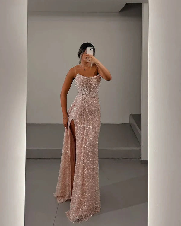 Charming Mermaid Strapless Sleeveless Sequins Long Formal Prom Dress Sparkly Evening Party Gowns Sexy Graduation Dress with Split