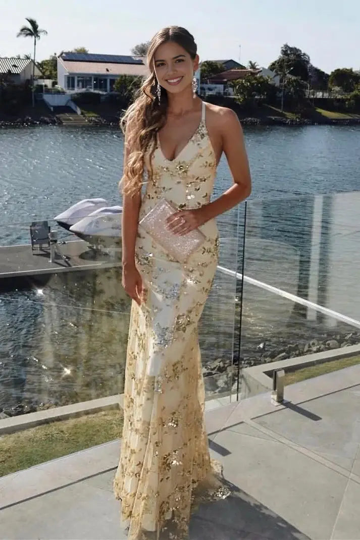 Charming Mermaid V-neck Sleeveless Long Formal Prom Dress Gorgeous Evening Gowns Sexy Wedding Guest Party Dress