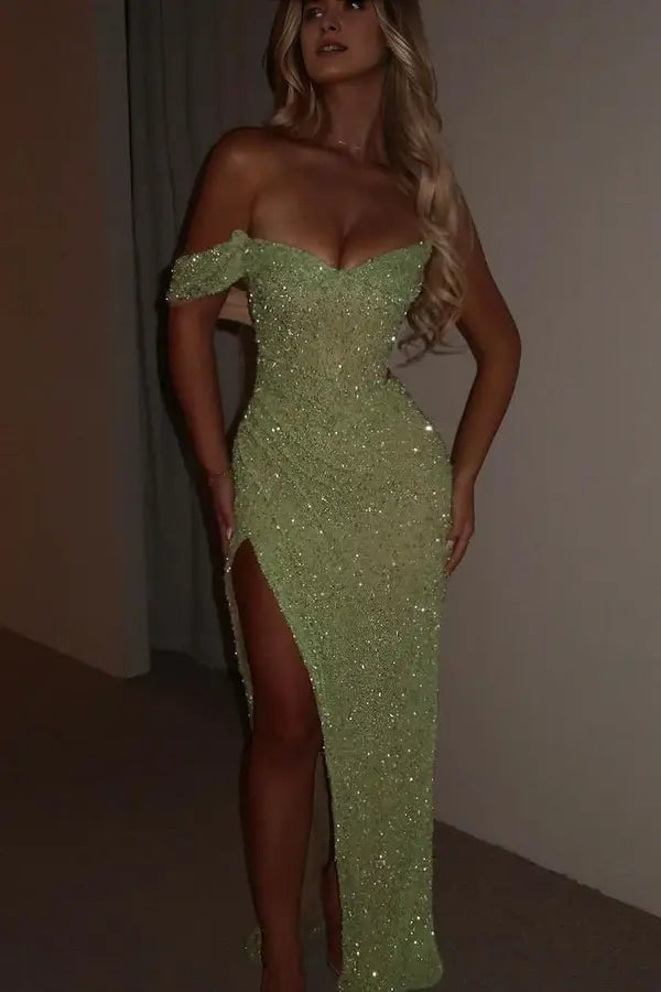 Charming Sheath One Shoulder Sequins Long Formal Prom Dress Sparkly Evening Party Gowns Sexy Graduation Dress with Split