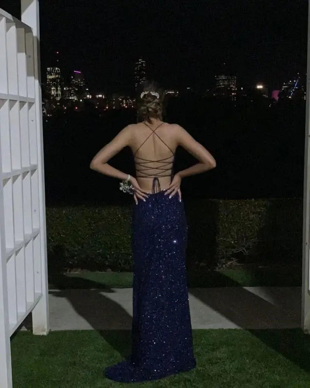 Charming Spaghetti Straps Sleeveless Blue Sequin Long Formal Prom Dress With Slit Sparkly Birthday Party Dress Sexy Evening Gowns