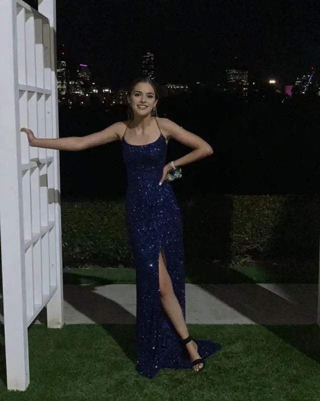 Charming Spaghetti Straps Sleeveless Blue Sequin Long Formal Prom Dress With Slit Sparkly Birthday Party Dress Sexy Evening Gowns