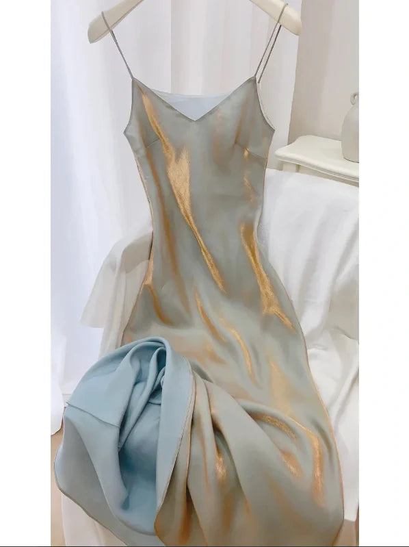 Charming Spaghetti Straps V-neck Sleeveless Long Prom Dress Elegant Evening Party Dress Vacation Dress