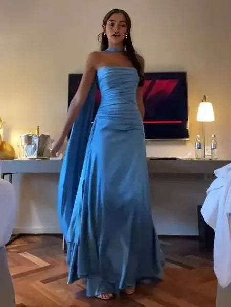Charming Strapless Sleeveless Blue Satin Long Formal Prom Dress Elegant Evening Gowns Fashion Birthday Party Dress