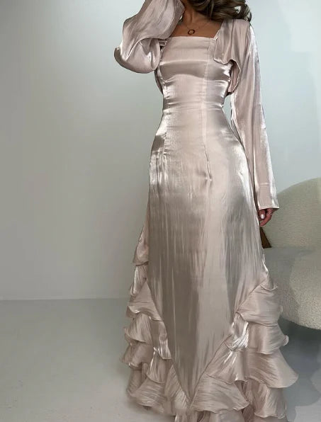 Charming Straps Long Sleeves Formal Prom Dress Elegant Evening Party Gowns December Wedding Guest Dress for Women