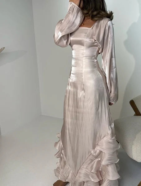 Charming Straps Long Sleeves Formal Prom Dress Elegant Evening Party Gowns December Wedding Guest Dress for Women