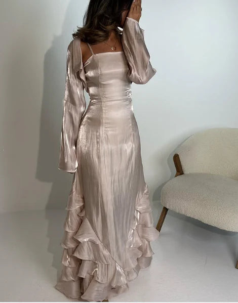 Charming Straps Long Sleeves Formal Prom Dress Elegant Evening Party Gowns December Wedding Guest Dress for Women