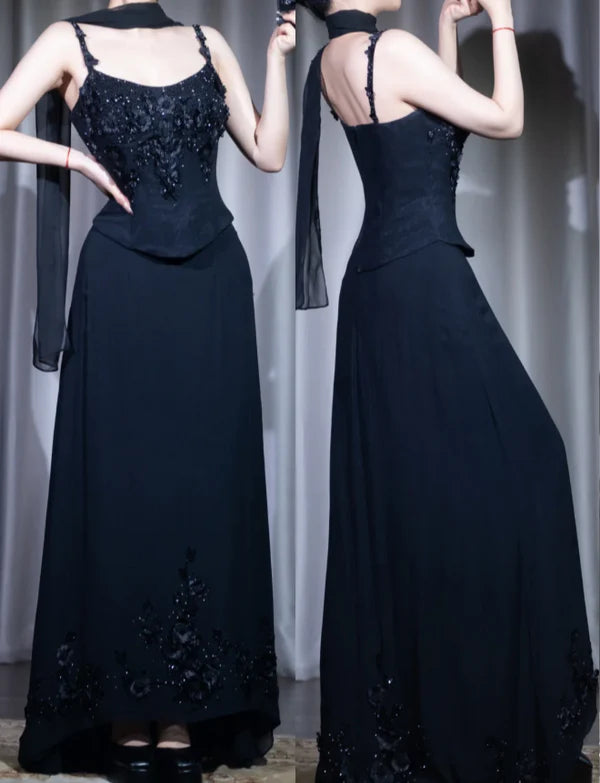 Charming Straps Sleeveless Long Formal Prom Dress Elegant Evening Gowns Chic Wedding Guest Party Dress with Appliques