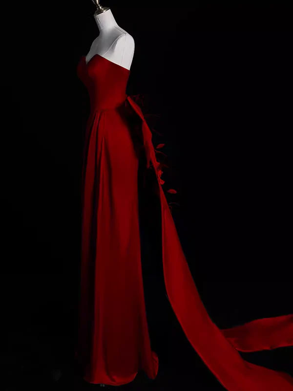 Charming Sweetheart Strapless Satin Long Formal Prom Dress Sleeveless Elegant Evening Party Gowns With Bow