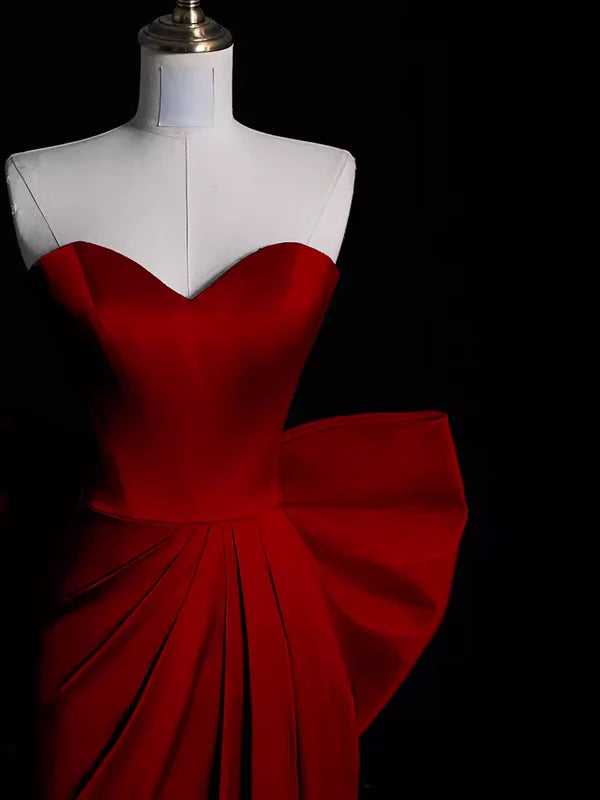 Charming Sweetheart Strapless Satin Long Formal Prom Dress Sleeveless Elegant Evening Party Gowns With Bow