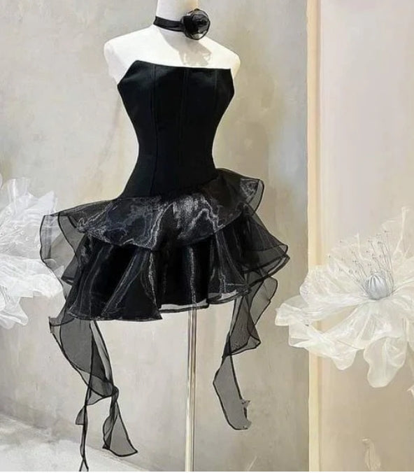 Cute Black A-Line Strapless Ruffles Lovely Homecoming Dress Pretty Short Birthday Party Dress
