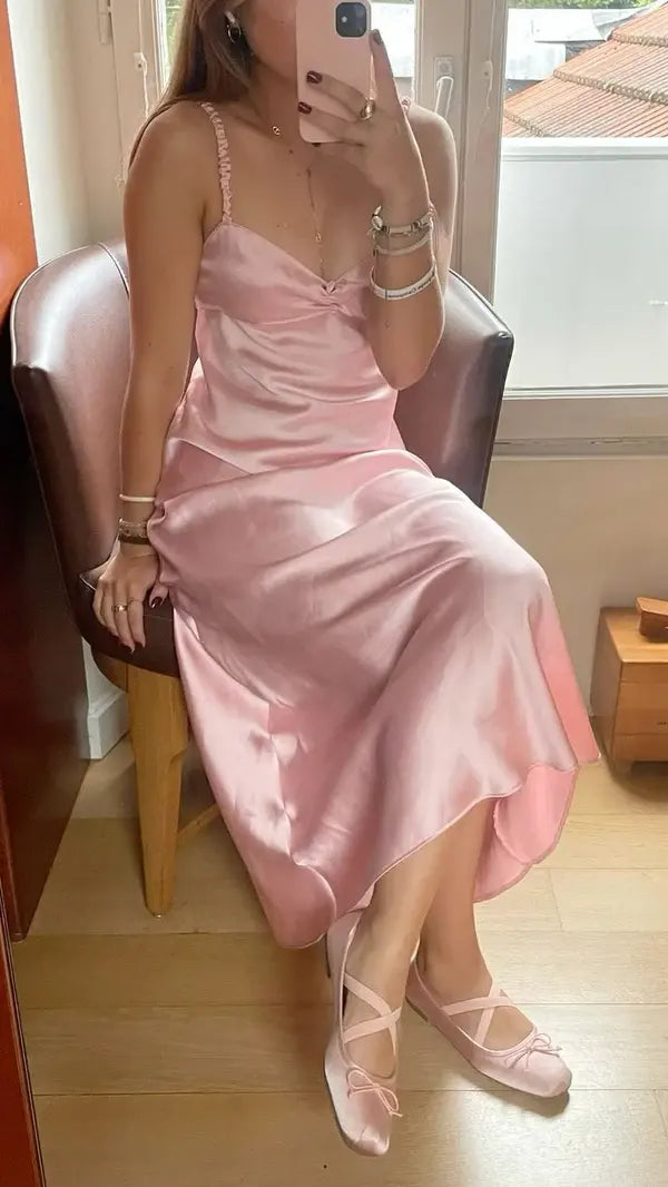 Cute Straps Satin Sleeveless Long Formal Prom Dress Lovely Evening Party Gowns Simple Wedding Guest Dress