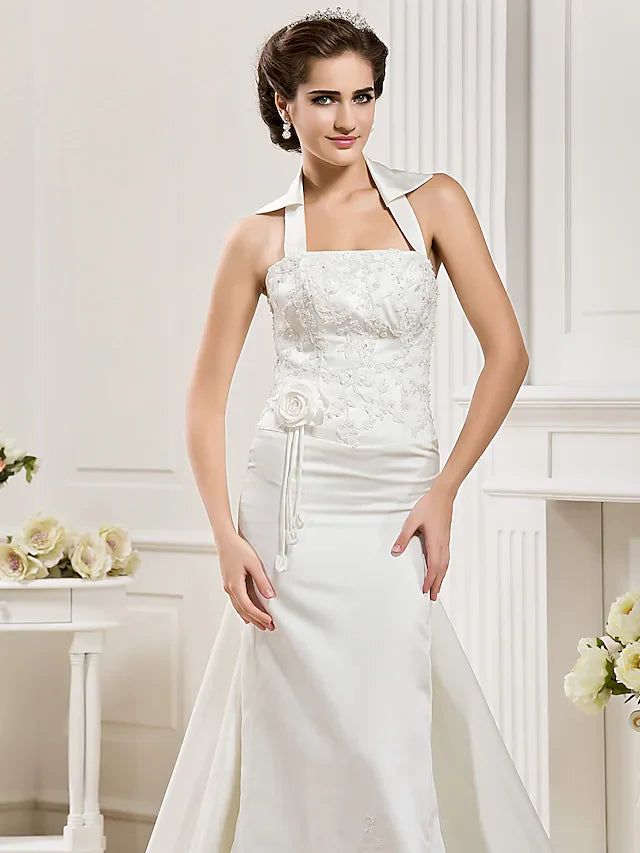 Wedding Dresses Halter Neck Court Train Satin Sleeveless with Appliques