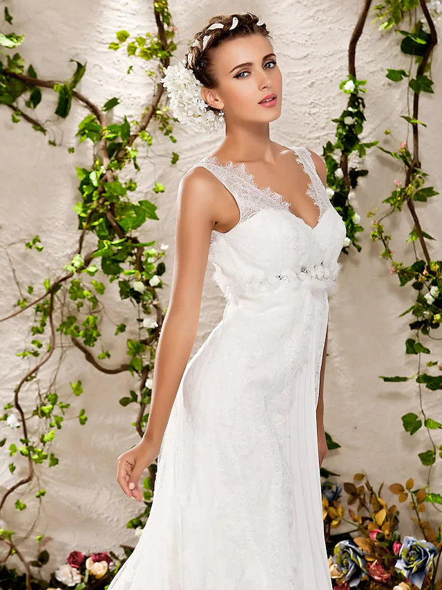 Wedding Dresses Floor Length V Neck Chapel Train Lace Sleeveless