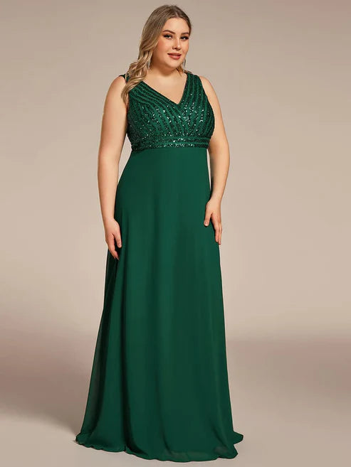 Plus Size Sequin Sleeveless Double V-Neck Formal Evening Dress/Prom Dresses Party Dresses Wedding Guest Dresses
